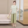 A two-piece Chinese-style cotton and linen set for petite moms in summer, a plain embroidered top and wide-leg pants set for middle-aged and elderly women Application Scenario